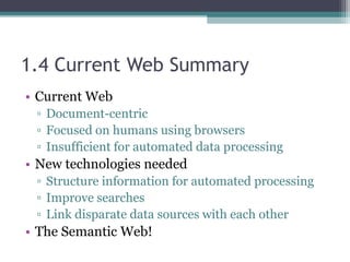 1.4 Current Web Summary
• Current Web
▫ Document-centric
▫ Focused on humans using browsers
▫ Insufficient for automated data processing
• New technologies needed
▫ Structure information for automated processing
▫ Improve searches
▫ Link disparate data sources with each other
• The Semantic Web!
 