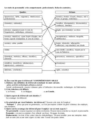 Les traits de personnalité et les comportements professionnels. Reliez les contraires.
Qualités Défauts
rigoureux(se), fiable, exigeant(e), minutieux(se),
perfectionniste
borné(e), étroit(e) d'esprit, obtus(e), mal à
l'aise en groupe, renfermé(e)
résistant(e), endurant(e) brouillon, désorganisé(e), déconcentré(e),
confus(se), distrait(e)
précis(e), organisé(e)/ayant le sens de
l'organisation, méthodique, sérieux(se)
fragile, peu résistant(e) au stress
ouvert(e), intuitif(ve), ayant l'esprit d'équipe, une
bonne capacité d'adaptation, le sens du contact
incompétent(e), médiocre, incapable,
indifférent(e)
serein(e), calme, paisible laxiste, désinvolte, influençable,
tatillon(ne), trop attaché(e) aux détails
réaliste mou (molle), passif(ve), n'ayant pas le
sens de l'initiative
dynamique, motivé(e), efficace, réactif(ve),
autonome
nerveux(se), anxieux(se), agressif(ve)
créatif(ve), inventif(ve), talentueux(se),
ingénieux(se), curieux(se)
rêveur(euse)
diplomate, conciliant(e) rigide, cassant(e)
B. Êtes-vous fait pour le télétravail ? COMPRÉHENSION ORALE
1. Élaborez une définition du télétravail en incluant les mots suivants.
grâce, activité, technologies, distance, exercée
Activité professionnelle exercée à distance grâce à l’utilisation des nouvelles technologies de l’information.
2. Cette émission a été diffusée
a. en France. b. en Belgique. c. au Canada.
3. Quels aspects du télétravail sont abordées ?
Les avantages du télétravail.
4. En général de qui vient l’initiative du télétravail ? Souvent cela vient de l’employé
Pourquoi ? parce que pour un gestionnaire, ce n’est pas toujours évident de gérer à distance des employés,
sans formation.
5. Quels sont les avantages du télétravail pour l’employé sur ces trois aspects ?
Vie personnelle : on peut organiser soi-même son horaire. On peut mieux concilier sa vie prof. et personnelle.
Économies : on peut se contenter d’un véhicule par foyer. On gagne du temps.
Déplacements : on évite d’être coincé dans les embouteillages. On peut travailler pour une entreprise située
dans un autre état ou une autre région et éviter ainsi l’exode des jeunes talents.
 
