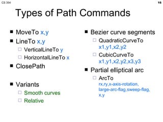CS 354                                                                 16



         Types of Path Commands
        MoveTo x,y                  Bezier curve segments
        LineTo x,y                      QuadraticCurveTo
            VerticalLineTo y             x1,y1,x2,y2
            HorizontalLineTo x
                                         CubicCurveTo
                                          x1,y1,x2,y2,x3,y3
        ClosePath                   Partial elliptical arc
                                         ArcTo
        Variants                         rx,ry,x-axis-rotation,
                                          large-arc-flag,sweep-flag,
            Smooth curves                x,y
            Relative
 