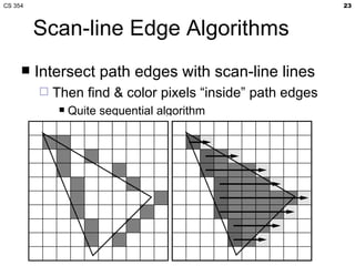 CS 354                                                      23



         Scan-line Edge Algorithms
        Intersect path edges with scan-line lines
            Then find & color pixels “inside” path edges
                 Quite sequential algorithm
 