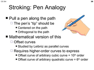 CS 354                                                                  28



         Stroking: Pen Analogy
        Pull a pen along the path
            The pen’s “tip” should be
               Centered on the path
               Orthogonal to the path

        Mathematical version of this
            Offset curves
                 Studied by Leibniz as parallel curves
            Requires higher-order curves to express
               Offset curve of arbitrary cubic curve = 10th order
               Offset curve of arbitrary quadratic curve = 6th order
 