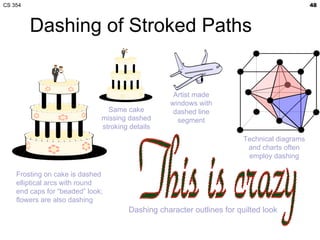 CS 354                                                                                      48



         Dashing of Stroked Paths


                                                   Artist made
                                                  windows with
                                Same cake          dashed line
                              missing dashed        segment
                              stroking details
                                                                       Technical diagrams
                                                                        and charts often
                                                                        employ dashing

    Frosting on cake is dashed
    elliptical arcs with round
    end caps for “beaded” look;
    flowers are also dashing
                                      Dashing character outlines for quilted look
 