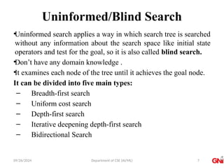 09/26/2024 Department of CSE (AI/ML)
Uninformed/Blind Search
•Uninformed search applies a way in which search tree is searched
without any information about the search space like initial state
operators and test for the goal, so it is also called blind search.
•Don’t have any domain knowledge .
•It examines each node of the tree until it achieves the goal node.
It can be divided into five main types:
– Breadth-first search
– Uniform cost search
– Depth-first search
– Iterative deepening depth-first search
– Bidirectional Search
7
 