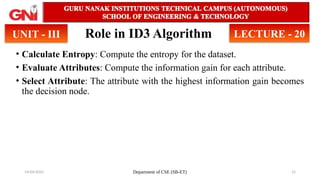 14/04/2025 Department of CSE (SB-ET) 15
Role in ID3 Algorithm
• Calculate Entropy: Compute the entropy for the dataset.
• Evaluate Attributes: Compute the information gain for each attribute.
• Select Attribute: The attribute with the highest information gain becomes
the decision node.
UNIT - III LECTURE - 20
 