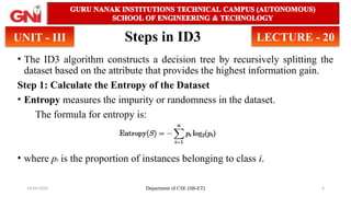 14/04/2025 Department of CSE (SB-ET) 6
Steps in ID3
• The ID3 algorithm constructs a decision tree by recursively splitting the
dataset based on the attribute that provides the highest information gain.
Step 1: Calculate the Entropy of the Dataset
• Entropy measures the impurity or randomness in the dataset.
The formula for entropy is:
• where pi​is the proportion of instances belonging to class i.
UNIT - III LECTURE - 20
 