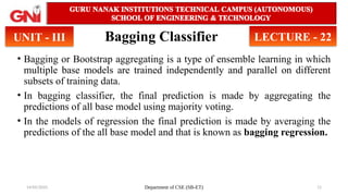 14/05/2025 Department of CSE (SB-ET) 11
Bagging Classifier
• Bagging or Bootstrap aggregating is a type of ensemble learning in which
multiple base models are trained independently and parallel on different
subsets of training data.
• In bagging classifier, the final prediction is made by aggregating the
predictions of all base model using majority voting.
• In the models of regression the final prediction is made by averaging the
predictions of the all base model and that is known as bagging regression.
UNIT - III LECTURE - 22
 