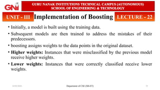 14/05/2025 Department of CSE (SB-ET) 19
Implementation of Boosting
• Initially, a model is built using the training data.
• Subsequent models are then trained to address the mistakes of their
predecessors.
• boosting assigns weights to the data points in the original dataset.
• Higher weights: Instances that were misclassified by the previous model
receive higher weights.
• Lower weights: Instances that were correctly classified receive lower
weights.
UNIT - III LECTURE - 22
 