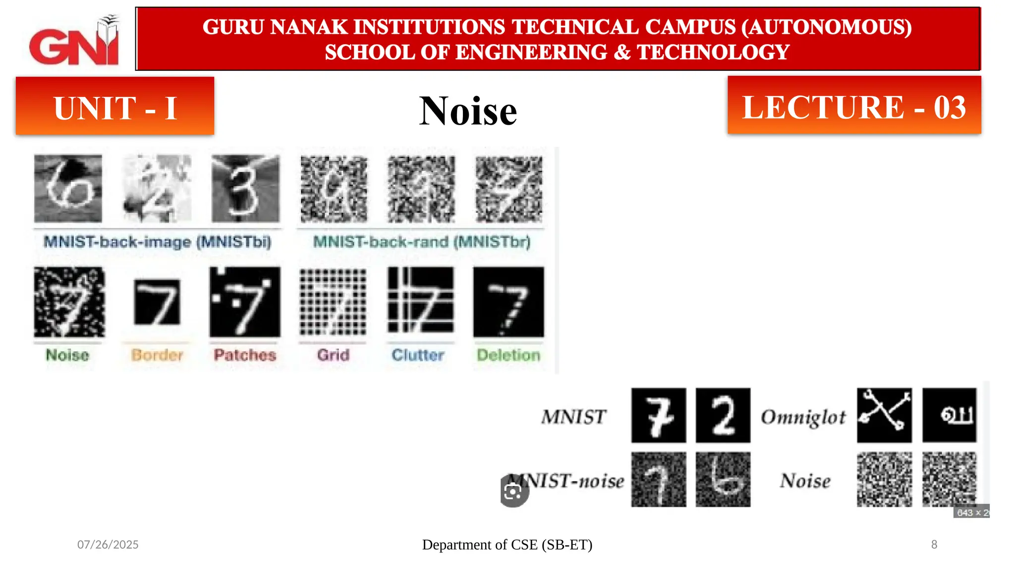 07/26/2025 Department of CSE (SB-ET) 8
Noise
UNIT - I LECTURE - 03
 