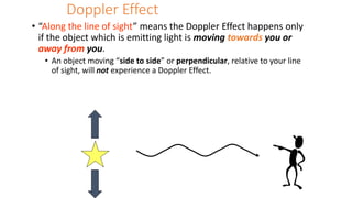 Doppler Effect
• “Along the line of sight” means the Doppler Effect happens only
if the object which is emitting light is moving towards you or
away from you.
• An object moving “side to side” or perpendicular, relative to your line
of sight, will not experience a Doppler Effect.
 