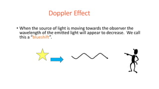 Doppler Effect
• When the source of light is moving towards the observer the
wavelength of the emitted light will appear to decrease. We call
this a “blueshift”.
 