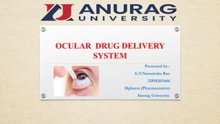OCULAR DRUG DELIVERY
SYSTEM
Presented by:-
G.V.Narasimha Rao
22PH203A04
Mpharm (Pharmaceutics)
Anurag University.
 