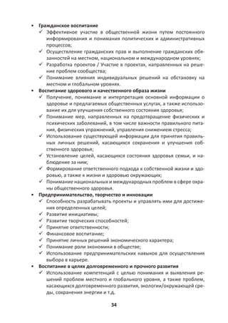 34
• Гражданское воспитание
 Эффективное участие в общественной жизни путем постоянного
информирования и понимания политических и административных
процессов;
 Осуществление гражданских прав и выполнение гражданских обя-
занностей на местном, национальном и международном уровнях;
 Разработка проектов / Участие в проектах, направленных на реше-
ние проблем сообщества;
 Понимание влияния индивидуальных решений на обстановку на
местном и глобальном уровнях.
• Воспитание здорового и качественного образа жизни
 Получение, понимание и интерпретация основной информации о
здоровье и предлагаемых общественных услугах, а также использо-
вание их для улучшения собственного состояния здоровья;
 Понимание мер, направленных на предотвращение физических и
психических заболеваний, в том числе важности правильного пита-
ния, физических упражнений, управления снижением стресса;
 Использование существующей информации для принятия правиль-
ных личных решений, касающихся сохранения и улучшения соб-
ственного здоровья;
 Установление целей, касающихся состояния здоровья семьи, и на-
блюдение за ним;
 Формирование ответственного подхода к собственной жизни и здо-
ровью, а также к жизни и здоровью окружающих;
 Понимание национальных и международных проблем в сфере охра-
ны общественного здоровья.
• Предпринимательство, творчество и инновации
 Способность разрабатывать проекты и управлять ими для достиже-
ния определенных целей;
 Развитие инициативы;
 Развитие творческих способностей;
 Принятие ответственности;
 Финансовое воспитание;
 Принятие личных решений экономического характера;
 Понимание роли экономики в обществе;
 Использование предпринимательских навыков для осуществления
выбора в карьере.
• Воспитание в целях долговременного и прочного развития
 Использование компетенций с целью понимания и выявления ре-
шений проблем местного и глобального уровня, а также проблем,
касающихся долговременного развития, экологии/окружающей сре-
ды, сохранения энергии и т.д.
 