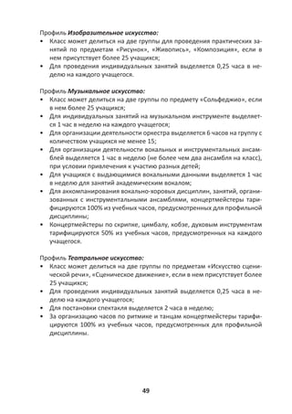49
Профиль Изобразительное искусство:
• Класс может делиться на две группы для проведения практических за-
нятий по предметам «Рисунок», «Живопись», «Композиция», если в
нем присутствует более 25 учащихся;
• Для проведения индивидуальных занятий выделяется 0,25 часа в не-
делю на каждого учащегося.
Профиль Музыкальное искусство:
• Класс может делиться на две группы по предмету «Сольфеджио», если
в нем более 25 учащихся;
• Для индивидуальных занятий на музыкальном инструменте выделяет-
ся 1 час в неделю на каждого учащегося;
• Для организации деятельности оркестра выделяется 6 часов на группу с
количеством учащихся не менее 15;
• Для организации деятельности вокальных и инструментальных ансам-
блей выделяется 1 час в неделю (не более чем два ансамбля на класс),
при условии привлечения к участию разных детей;
• Для учащихся с выдающимися вокальными данными выделяется 1 час
в неделю для занятий академическим вокалом;
• Для аккомпанирования вокально-хоровых дисциплин, занятий, органи-
зованных с инструментальными ансамблями, концертмейстеры тари-
фицируются 100% из учебных часов, предусмотренных для профильной
дисциплины;
• Концертмейстеры по скрипке, цимбалу, кобзе, духовым инструментам
тарифицируются 50% из учебных часов, предусмотренных на каждого
учащегося.
Профиль Театральное искусство:
• Класс может делиться на две группы по предметам «Искусство сцени-
ческой речи», «Сценическое движение», если в нем присутствует более
25 учащихся;
• Для проведения индивидуальных занятий выделяется 0,25 часа в не-
делю на каждого учащегося;
• Для постановки спектакля выделяется 2 часа в неделю;
• За организацию часов по ритмике и танцам концертмейстеры тарифи-
цируются 100% из учебных часов, предусмотренных для профильной
дисциплины.
 