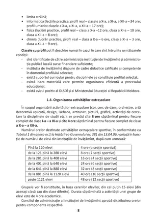 8
• limba străină;
• informa ca (lecțiile prac ce, proﬁl real – clasele a X-a, a XI-a, a XII-a – 34 ore;
proﬁl umanist clasele a X-a, a XI-a, a XII-a – 17 ore);
• ﬁzica (lucrări prac ce, proﬁl real – clasa a X-a –12 ore, clasa a XI-a – 10 ore,
clasa a XII-a – 8 ore);
• chimia (lucrări prac ce, proﬁl real – clasa a X-a – 6 ore, clasa a XI-a – 3 ore,
clasa a XII-a – 9 ore).
Clasele cu proﬁl pot ﬁ deschise numai în cazul în care sînt întrunite următoarele
condiții:
- sînt iden ﬁcate de către administrația ins tuției de învățămînt și administra-
ția publică locală surse ﬁnanciare suﬁciente;
- ins tuția de învățămînt dispune de cadre didac ce caliﬁcate și competente
în domeniul proﬁlului selectat;
- există suportul curricular pentru disciplinele ce cons tuie proﬁlul selectat;
- există baza materială care permite organizarea eﬁcientă a procesului
educațional;
- există avizul pozi v al OLSDÎ și al Ministerului Educației al Republicii Moldova.
1.4. Organizarea ac vităților extrașcolare
În scopul organizării ac vităților extrașcolare (cor, cerc de dans, orchestre, artă
decora vă aplicată, design, ikebana, ar zanat, pictură, graﬁcă, ac vități de cerce-
tare la disciplinele de studii etc.), se prevăd cîte 8 ore săptămînal pentru ﬁecare
complet de clase I-a – a IX-a și cîte 4 ore săptămînal pentru ﬁecare complet de clase
a X-a – a XII-a.
Numărul orelor des nate ac vităților extrașcolare spor ve, în conformitate cu
Tabelul 1 din anexa nr.1 la Hotărîrea Guvernului nr. 381 din 13.04.06, variază în func-
ție de numărul de elevi din ins tuțiile de învățămînt, după cum urmează:
Pînă la 120 elevi 4 ore (o secţie spor vă)
de la 121 pînă la 280 elevi 8 ore (2 secţii spor ve)
de la 281 pînă la 400 elevi 16 ore (4 secţii spor ve)
de la 401 pînă la 640 elevi 24 ore (6 secţii spor ve)
de la 641 pînă la 880 elevi 32 ore (8 secţii spor ve)
de la 881 pînă la 1120 elevi 40 ore (10 secţii spor ve)
peste 1121 elevi 48 ore (12 secţii spor ve)
Grupele vor ﬁ cons tuite, în baza cererilor elevilor, din cel puțin 15 elevi (din
aceeași clasă sau din clase diferite). Durata săptămînală a ac vității unei grupe de
elevi este de 4 ore academice.
Consiliul de administrație al ins tuției de învățămînt aprobă distribuirea orelor
pentru componenta respec vă.
 