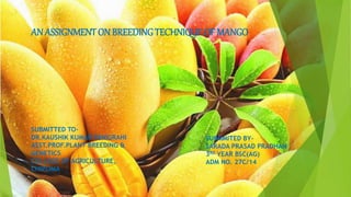AN ASSIGNMENT ON BREEDINGTECHNIQUE OF MANGO
SUBMITTED TO-
DR.KAUSHIK KUMAR PANIGRAHI
ASST.PROF.PLANT BREEDING &
GENETICS
COLLEGE OF AGRICULTURE,
CHIPLIMA
SUBMMITED BY-
SARADA PRASAD PRADHAN
3RD YEAR BSC(AG)
ADM NO. 27C/14
 