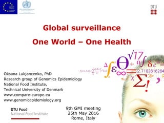Oksana Lukjancenko, PhD
Research group of Genomics Epidemiology
National Food Institute,
Technical University of Denmark
www.compare-europe.eu
www.genomicepidemiology.org
Global surveillance
One World – One Health
9th GMI meeting
25th May 2016
Rome, Italy
 