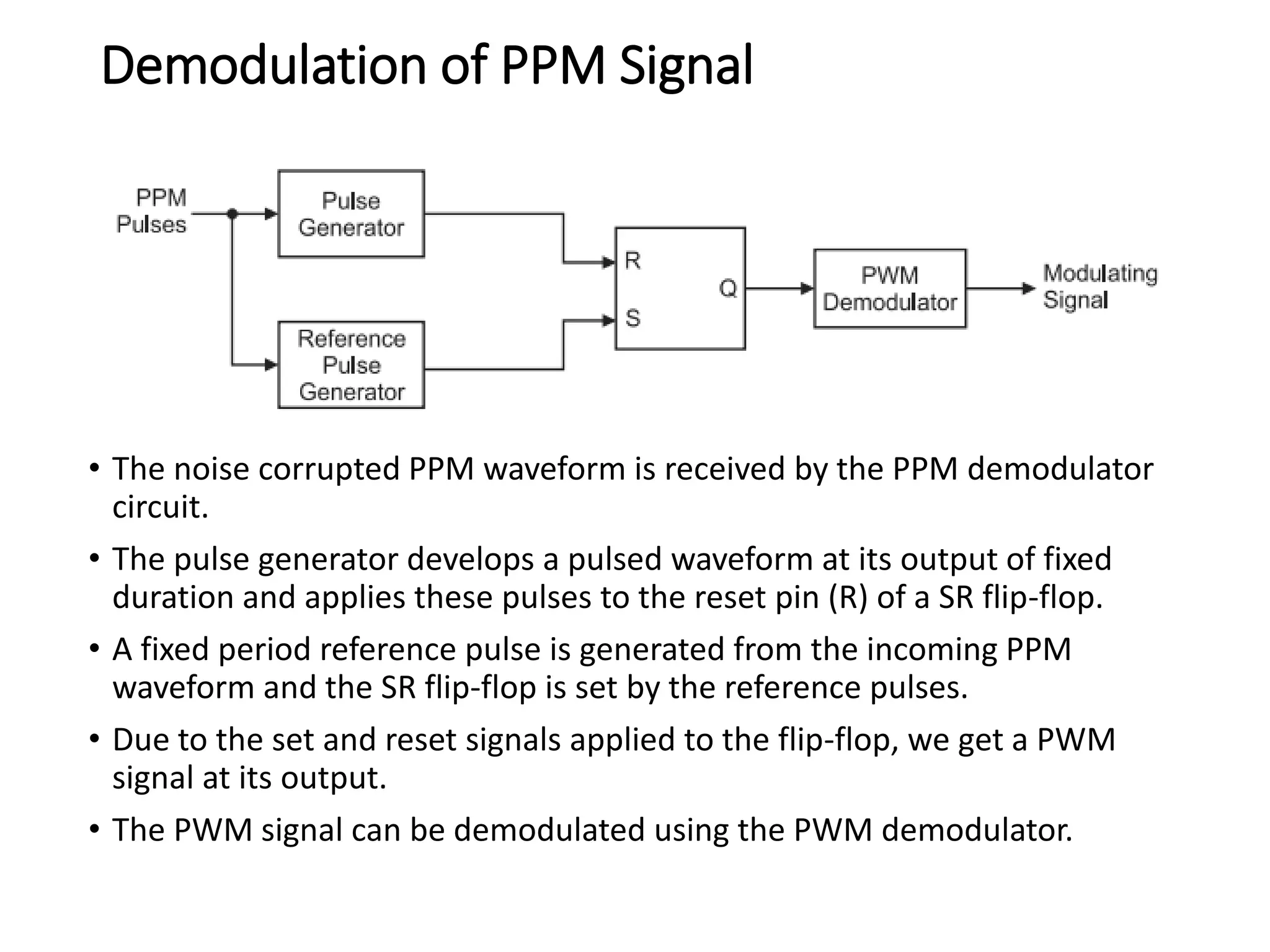 Demodulation of PPM Signal
• The noise corrupted PPM waveform is received by the PPM demodulator
circuit.
• The pulse generator develops a pulsed waveform at its output of fixed
duration and applies these pulses to the reset pin (R) of a SR flip-flop.
• A fixed period reference pulse is generated from the incoming PPM
waveform and the SR flip-flop is set by the reference pulses.
• Due to the set and reset signals applied to the flip-flop, we get a PWM
signal at its output.
• The PWM signal can be demodulated using the PWM demodulator.
 