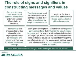 The role of signs and signifiers in
constructing messages and values
Write down a definition of what you think ‘messages and values’ means…
Any one sign can
have a number of
different connotations
and might be read
differently by an
audience.
The signs we see, and
the representations or
connotations that they
offer, are selected by
the producers of media.
Long form TV drama
producers and writers will
decide upon and select
which signs we see.
Each genre of long form TV drama will have specific
genre conventions that influence the use of media
language and the way in which individual characters,
social groups, social identities, historical events and
eras and social issues are represented through the
use of visual signs in the camerawork, editing, sound
and mise-en-scène to connote specific meanings
within the drama.
The meanings that
are connoted by the
signs of media
language are known
as ‘messages and
values’ and they help
to reinforce dominant
ideology.
 