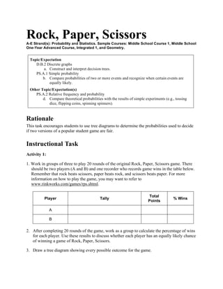 Rock, Paper, ScissorsA-E Strand(s): Probability and Statistics. Sample Courses: Middle School Course 1, Middle School
One-Year Advanced Course, Integrated 1, and Geometry.
Topic/Expectation
D.B.2 Discrete graphs
a. Construct and interpret decision trees.
PS.A.1 Simple probability
b. Compare probabilities of two or more events and recognize when certain events are
equally likely.
Other Topic/Expectation(s)
PS.A.2 Relative frequency and probability
d. Compare theoretical probabilities with the results of simple experiments (e.g., tossing
dice, flipping coins, spinning spinners).
Rationale
This task encourages students to use tree diagrams to determine the probabilities used to decide
if two versions of a popular student game are fair.
Instructional Task
Activity 1:
1. Work in groups of three to play 20 rounds of the original Rock, Paper, Scissors game. There
should be two players (A and B) and one recorder who records game wins in the table below.
Remember that rock beats scissors, paper beats rock, and scissors beats paper. For more
information on how to play the game, you may want to refer to
www.rinkworks.com/games/rps.shtml.
Player Tally
Total
Points
% Wins
A
B
2. After completing 20 rounds of the game, work as a group to calculate the percentage of wins
for each player. Use these results to discuss whether each player has an equally likely chance
of winning a game of Rock, Paper, Scissors.
3. Draw a tree diagram showing every possible outcome for the game.
 