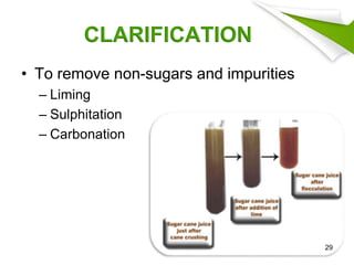 CLARIFICATION
• To remove non-sugars and impurities
– Liming
– Sulphitation
– Carbonation
29
 