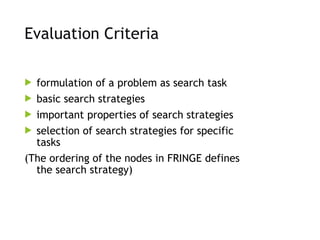 Evaluation Criteria
 formulation of a problem as search task
 basic search strategies
 important properties of search strategies
 selection of search strategies for specific
tasks
(The ordering of the nodes in FRINGE defines
the search strategy)
 