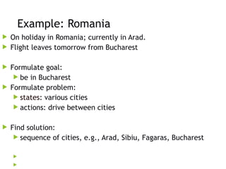 Example: Romania
 On holiday in Romania; currently in Arad.
 Flight leaves tomorrow from Bucharest
 Formulate goal:
 be in Bucharest
 Formulate problem:
 states: various cities
 actions: drive between cities
 Find solution:
 sequence of cities, e.g., Arad, Sibiu, Fagaras, Bucharest


 