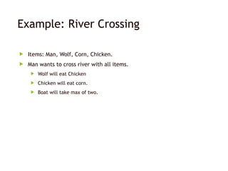 Example: River Crossing
 Items: Man, Wolf, Corn, Chicken.
 Man wants to cross river with all items.
 Wolf will eat Chicken
 Chicken will eat corn.
 Boat will take max of two.
 
