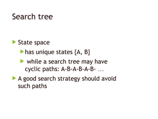 Search tree
 State space
has unique states {A, B}
 while a search tree may have
cyclic paths: A-B-A-B-A-B- …
 A good search strategy should avoid
such paths
 