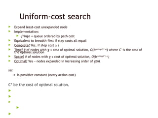 Uniform-cost search
 Expand least-cost unexpanded node
 Implementation:
 fringe = queue ordered by path cost
 Equivalent to breadth-first if step costs all equal
 Complete? Yes, if step cost ≥ ε
 Time? # of nodes with g ≤ cost of optimal solution, O(bceiling(C*/ ε)
) where C*
is the cost of
the optimal solution
 Space? # of nodes with g ≤ cost of optimal solution, O(bceiling(C*/ ε)
)
 Optimal? Yes – nodes expanded in increasing order of g(n)
let
ε is possitive constant (every action cost)
C* be the cost of optimal solution.





 