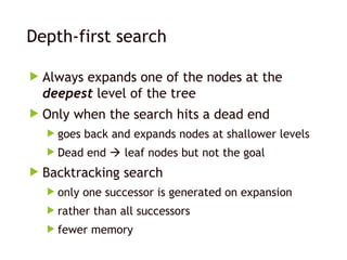 Depth-first search
 Always expands one of the nodes at the
deepest level of the tree
 Only when the search hits a dead end
 goes back and expands nodes at shallower levels
 Dead end  leaf nodes but not the goal
 Backtracking search
 only one successor is generated on expansion
 rather than all successors
 fewer memory
 