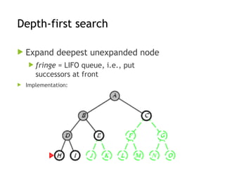 Depth-first search
 Expand deepest unexpanded node
 fringe = LIFO queue, i.e., put
successors at front
 Implementation:
 