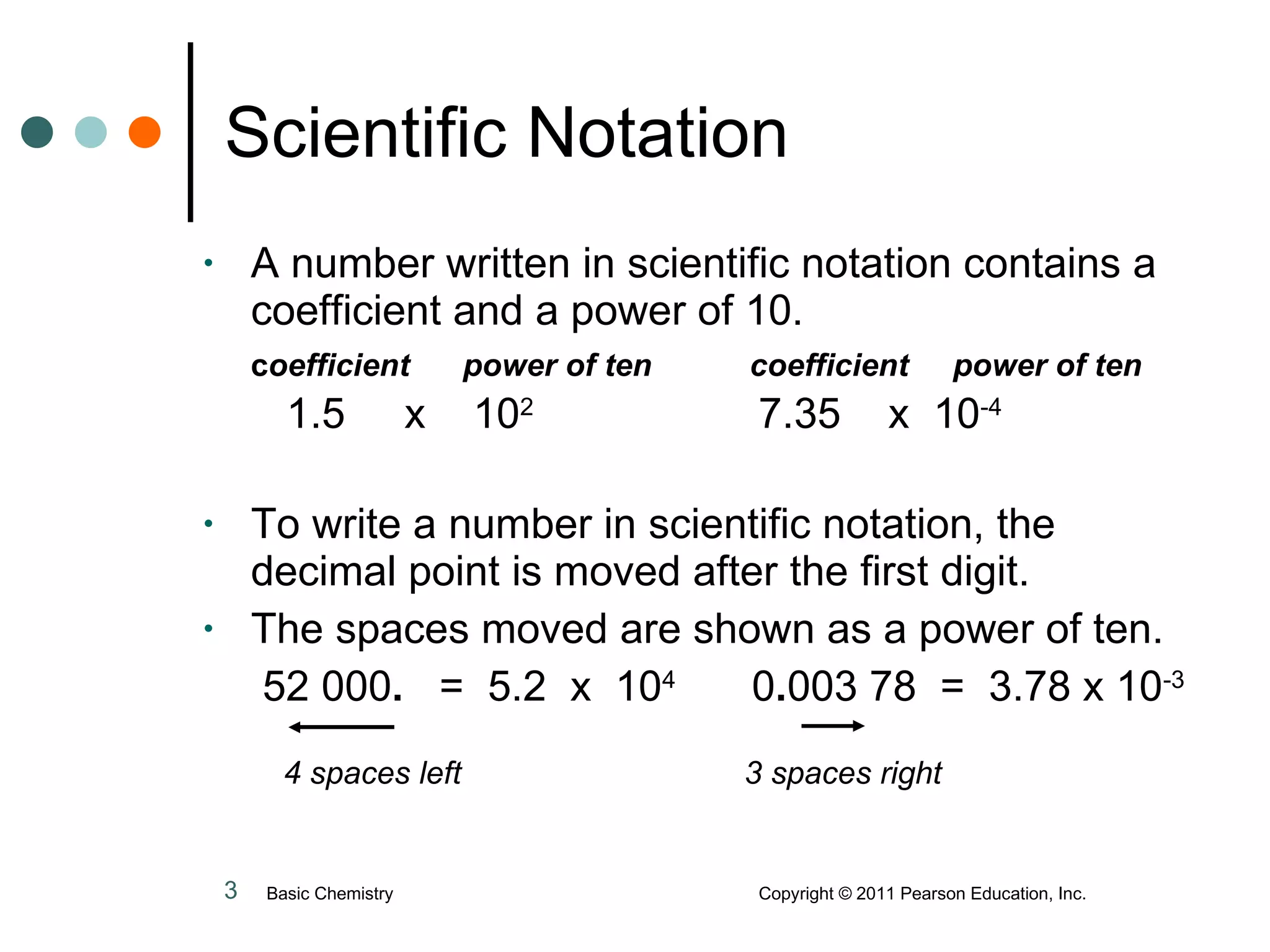 Scientific Notation A number written in scientific notation contains a coefficient and a power of 10. c oefficient  power of ten  coefficient  power of ten   1.5  x  10 2   7.35  x  10 -4 To write a number in scientific notation, the decimal point is moved after the first digit.  The spaces moved are shown as a power of ten. 52 000 .   =  5.2  x  10 4   0 . 003 78  =  3.78 x 10 -3   4 spaces left   3 spaces right Basic Chemistry  Copyright © 2011 Pearson Education, Inc. 