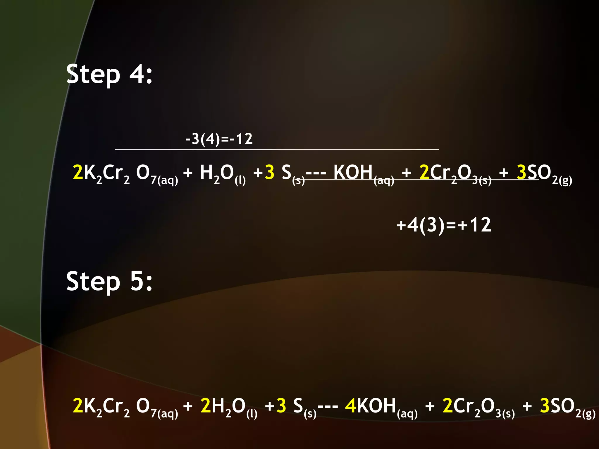 Step 4: -3(4)=-12 2 K 2 Cr 2  O 7(aq)  + H 2 O (l)  + 3  S (s) --- KOH (aq)  +  2 Cr 2 O 3(s)  +  3 SO 2(g)  +4(3)=+12 Step 5: 2 K 2 Cr 2  O 7(aq)  +  2 H 2 O (l)  + 3  S (s) ---  4 KOH (aq)  +  2 Cr 2 O 3(s)  +  3 SO 2(g)  