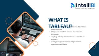 WHAT IS
TABLEAU?
• Tableau is a leading Business Intelligence (BI) and data
visualization tool.
• It helps users transform raw data into interactive
dashboards.
• Easy drag-and-drop interface makes it accessible for
beginners.
• Used by startups, enterprises, and government
organizations worldwide.
 