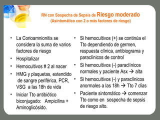 RN con Sospecha de Sepsis de Riesgo moderado
                  (Asintomático con 2 o más factores de riesgo)


• La Corioamnionitis se         • Si hemocultivos (+) se continúa el
  considera la suma de varios     Tto dependiendo de germen,
  factores de riesgo              respuesta clínica, antibiograma y
• Hospitalizar                    paraclínicos de control
• Hemocultivos # 2 al nacer     • Si hemocultivos (-) paraclínicos
• HMG y plaquetas, extendido      normales y paciente Asx  alta
   de sangre periférica, PCR,   • Si hemocultivos (-) y paraclínicos
  VSG a las 18h de vida           anormales a las 18h  Tto 7 días
• Iniciar Tto antibiótico       • Paciente sintomático  comenzar
  biconjugado: Ampicilina +       Tto como en sospecha de sepsis
  Aminoglicósido.                 de riesgo alto.
 