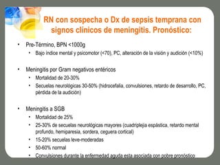 RN con sospecha o Dx de sepsis temprana con
              signos clínicos de meningitis. Pronóstico:
•   Pre-Término, BPN <1000g
     • Bajo índice mental y psicomotor (<70), PC, alteración de la visión y audición (<10%)


•   Meningitis por Gram negativos entéricos
     • Mortalidad de 20-30%
     • Secuelas neurológicas 30-50% (hidrocefalia, convulsiones, retardo de desarrollo, PC,
       pérdida de la audición)

•   Meningitis a SGB
     • Mortalidad de 25%
     • 25-30% de secuelas neurológicas mayores (cuadriplejia espástica, retardo mental
       profundo, hemiparesia, sordera, ceguera cortical)
     • 15-20% secuelas leve-moderadas
     • 50-60% normal
     • Convulsiones durante la enfermedad aguda esta asociada con pobre pronóstico
 