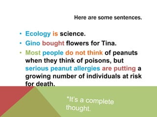 Here are some sentences. 
• Ecology is science. 
• Gino bought flowers for Tina. 
• Most people do not think of peanuts 
when they think of poisons, but 
serious peanut allergies are putting a 
growing number of individuals at risk 
for death. 
 