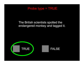The British scientists spotted the
endangered monkey and tagged it.
TRUE FALSE
Probe type = TRUE
 