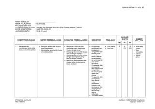 KURIKULUM SMK “4”, KOTA “M”
NAMA SEKOLAH : .........................................
MATA PELAJARAN : Multimedia
KELAS/SEMESTER : -
STANDAR KOMPETENSI : Merakit dan Merawat Item-item Efek Khusus selama Produksi
KODE KOMPETENSI : MMP.SF.03.006.01
ALOKASI WAKTU : 85 X 45 menit
KOMPETENSI DASAR MATERI PEMBELAJARAN KEGIATAN PEMBELAJARAN INDIKATOR PENILAIAN
ALOKASI
WAKTU SUMBER
BELAJAR
TM PS PI
1. Mengepak dan
membongkar artikel efek
khusus untuk transportasi
 Mengepak artikel efek khusus
untuk transportasi
 Membongkar artikel efek khusus
untuk transportasi
 Mengepak, membuka dan
mengepak ulang artikel efek
khusus dengan benar
 Mengangkat artikel efek khusus
sesuai dengan prosedur
 Mengangkut artikel efek khusus
dengan penanganan yang
sesuai dengan prosedur
 Mengikuti pembongkaran efek
khusus untuk transportasi ke
lokasi produksi
 Pengepakan,
pembukaan dan
pengepakan
ulang artikel efek
khusus untuk
memastikan
bahwa: Metode
pengangkatan
dan penanganan
yang aman
digunakan,
Pengepakan dan
penanganan
yang cocok untuk
menghindari
kerusakan pada
artikel efek
khusus,
Pengepakan dan
penanganan
yang sesuai
dengan
persyaratan
khusus untuk
penanganan dan
pengangkutan
atas barang-
barang
berbahaya
 Turut serta dalam
 Ujian praktik
 Ujian tulis
9 9
(18)
10
(40)
 Artikel efek
khusus
 Buku
penunjang
 Internet
 Industri
terkait
PROGRAM KEAHLIAN:
MULTIMEDIA
SILABUS – KOMPETENSI KEJURUAN
Halaman 107 dari 111
 