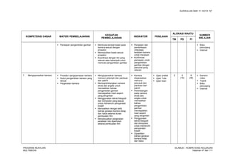 KURIKULUM SMK “4”, KOTA “M”
KOMPETENSI DASAR MATERI PEMBELAJARAN
KEGIATAN
PEMBELAJARAN
INDIKATOR PENILAIAN
ALOKASI WAKTU
SUMBER
BELAJAR
TM PS PI
 Persiapan pengambilan gambar  Membuka tempat kaset pada
kamera sesuai dengan
prosedur
 Memasukkan kaset sesuai
prosedur
 Koordinasi dengan tim yang
relevan atau kelompok untuk
memulai pengambilan gambar
 Pengisian dan
pemeriksaan
videotape
kedalam kamera
untuk merekam
 Konfirmasi
persiapan untuk
pengambilan
gambar dengan
personel yang
relevan
 Buku
penunjang
 Internet
7. Mengoperasikan kamera  Prosedur pengoperasian kamera
 Sudut pengambilan kamera yang
sesuai
 Pergerakan kamera
 Mengoperasikan kamera
menurut petunjuk dan panduan
dari pabrik
 Mempertimbangkan camera
shots dan angles untuk
memastikan bahwa
pengambilan gambar
mendapatkan hasil seperti
yang diinginkan
 Menggunakan teknik fotografi
dan komposisi yang sesuai
untuk memenuhi persyaratan
kreatif
 Memastikan dengan teliti
bahwa gerakan kamera tetap
dan halus selama durasi
pembuatan film
 Menyesuaikan pergerakan
peralatan bila diperlukan
selama pembuatan film
 Kamera
dioperasikan
menurut
petunjuk dan
panduan dari
pabrik
 Pertimbangan
pada camera
shots dan
angles untuk
memastikan
bahwa
pengambilan
gambar
mendapatkan
hasil seperti
yang diinginkan
 Penggunaan
teknik fotografi
dan komposisi
untuk memenuhi
persyaratan
kreatif
 Dipastikan
bahwa gerakan
kamera tetap
dan halus
 Ujian praktik
 Ujian Tulis
 Ujian lisan
2 8
(16)
9
(36)
 Kamera
video
 Tripod
 Buku
penunjang
 Internet
PROGRAM KEAHLIAN:
MULTIMEDIA
SILABUS – KOMPETENSI KEJURUAN
Halaman 47 dari 111
 
