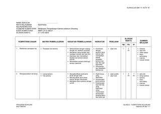 KURIKULUM SMK “4”, KOTA “M”
NAMA SEKOLAH : .........................................
MATA PELAJARAN : Multimedia
KELAS/SEMESTER : -
STANDAR KOMPETENSI : Melakukan Pemeriksaan Kamera sebelum Shooting
KODE KOMPETENSI : MMP.CA.02.008.01
ALOKASI WAKTU : 21 X 45 menit
KOMPETENSI DASAR MATERI PEMBELAJARAN KEGIATAN PEMBELAJARAN INDIKATOR PENILAIAN
ALOKASI
WAKTU SUMBER
BELAJAR
TM PS PI
1. Melakukan persiapan tes  Persiapan tes kamera  Berkoordinasi dengan matang
dengan kru sebelum produksi
 Mengecek ulang dengan teliti
kesiapan kamera dan stok film
 Memesan dan memastikan
fasilitas tes kamera secara
cermat
 Memastikan kamera berfungsi
secara maksimal
 Koordinasi
dengan
personil yang
relevan dan
memastikan
bahwa
peralatan
kamera dan
stok film siap
digunakan
 Pemesanan
dan dipastikan
fasilitas tes
 Ujian tulis 1 2
(4)
-  Kamera
 Stok film
 Video player
 Buku
penunjang
 Internet
 Industri terkait
2. Mengoperasikan tes lensa  Lensa kamera
 Tes kamera
 Mengidentifikasi jenis-jenis
lensa dengan teliti
 Menyesuaikan jenis lensa
sesuai dengan kebutuhan
 Mengetes fokus kamera dengan
cernat
 Dipilih lensa
yang
diperlukan
 Penyesuaian
lensa kamera
 Pelaksanaan
sejumlah tes
yang
diperlukan
untuk
menemukan
persyaratan
panjang fokus
dan fokus lain
 Ujian praktik
 Ujian tulis
1 2
(4)
1
(4)
 alat tulis
 lensa kamera
 kamera
 Buku
penunjang
 Internet
 Industri terkait
PROGRAM KEAHLIAN:
MULTIMEDIA
SILABUS – KOMPETENSI KEJURUAN
Halaman 69 dari 111
 