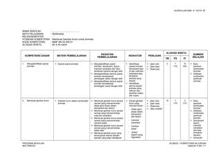 KURIKULUM SMK “4”, KOTA “M”
NAMA SEKOLAH : .........................................
MATA PELAJARAN : Multimedia
KELAS/SEMESTER : -
STANDAR KOMPETENSI : Membuat Gambar Kunci untuk Animasi
KODE KOMPETENSI : MMP.AN.02.005.01
ALOKASI WAKTU : 60 X 45 menit
KOMPETENSI DASAR MATERI PEMBELAJARAN
KEGIATAN
PEMBELAJARAN
INDIKATOR PENILAIAN
ALOKASI WAKTU
SUMBER
BELAJAR
TM PS PI
1. Mengidentifikasi syarat
animasi
 Syarat-syarat animasi  Mengidentifikasi syarat
animasi, storyboard, layout,
instruksi sutradara dan atau
lembaran kamera dengan teliti
 Mengidentifikasi semua syarat
animasi berdasarkan
pembagian waktu dengan teliti
 Mengidentifikasi semua syarat
animasi berdasarkan
pembagian suara dengan teliti
 Identifikasi
syarat animasi
storyboard,layo
ut dan instruksi
sutradara atau
lembaran
kamera yang
sesuai.
 Identifikasi
semua syarat
animasi yang
relevan dari
pecahan waktu
dan suara.
 Ujian tulis
 Ujian lisan
 Observasi
3 7
(14)
10
(40)
 Buku
panduan
pembuatan
animasi
 Software
multimedia
pembuat
animasi
2. Membuat gambar kunci  Gambar kunci dalam pembuatan
animasi
 Membuat gambar kunci secara
cermat yang mencerminkan
detail garis besar dalam
storyboard dan layout
 Membuat gambar kunci secara
cermat yang mencerminkan
instruksi sutradara
 Membuat gambar kunci secara
cermat yang mencerminkan
camera sheet
 Membuat gambar kunci secara
cermat yang mencerminkan
waktu aksi
 Membuat gambar kunci yang
secukupnya sesuai dengan
standar yang telah ditetapkan
 Dibuat gambar
kunci yang
mencerminkan :
- Detail garis
besar dalam
storyboard
dan layout
- Instruksi
sutradara
- Camera
sheet
- ‘action’
seperti yang
digariskan
 Ujian tulis
 Ujian lisan
 Observasi
 Ujian praktek
10 7
(14)
3
(12)
 Buku
panduan
pembuatan
animasi
 Software
multimedia
pembuat
animasi
 Storyboard,
layout,
instruksi
sutradara
dan atau
lembaran
kamera
 Komputer
PROGRAM KEAHLIAN:
MULTIMEDIA
SILABUS – KOMPETENSI KEJURUAN
Halaman 9 dari 111
 