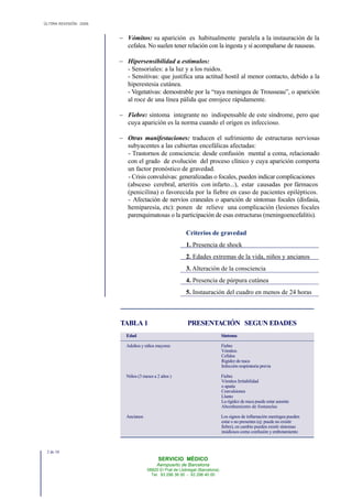 ÚLTIMA REVISIÓN: 2006
− Vómitos: su aparición es habitualmente paralela a la instauración de la
cefalea. No suelen tener relación con la ingesta y sí acompañarse de nauseas.
− Hipersensibilidad a estímulos:
- Sensoriales: a la luz y a los ruidos.
- Sensitivas: que justifica una actitud hostil al menor contacto, debido a la
hiperestesia cutánea.
- Vegetativas: demostrable por la “raya meningea de Trousseau”, o aparición
al roce de una línea pálida que enrojece rápidamente.
− Fiebre: síntoma integrante no indispensable de este síndrome, pero que
cuya aparición es la norma cuando el origen es infeccioso.
− Otras manifestaciones: traducen el sufrimiento de estructuras nerviosas
subyacentes a las cubiertas encefálicas afectadas:
- Trastornos de consciencia: desde confusión mental a coma, relacionado
con el grado de evolución del proceso clínico y cuya aparición comporta
un factor pronóstico de gravedad.
- Crisis convulsivas: generalizadas o focales, pueden indicar complicaciones
(absceso cerebral, arteritis con infarto...), estar causadas por fármacos
(penicilina) o favorecida por la fiebre en caso de pacientes epilépticos.
- Afectación de nervios craneales o aparición de síntomas focales (disfasia,
hemiparesia, etc): ponen de relieve una complicación (lesiones focales
parenquimatosas o la participación de esas estructuras (meningoencefalitis).
Criterios de gravedad
1. Presencia de shock
2. Edades extremas de la vida, niños y ancianos
3. Alteración de la consciencia
4. Presencia de púrpura cutánea
5. Instauración del cuadro en menos de 24 horas
SERVICIO MÉDICO
Aeropuerto de Barcelona
08820 El Prat de Llobregat (Barcelona)
Tel. 93 298 38 00 - 93 298 40 00
TABLA 1 PRESENTACIÓN SEGUN EDADES
Edad Síntoma
Adultos y niños mayores Fiebre
Vómitos
Cefalea
Rigidez de nuca
Infección respiratoria previa
Niños (3 meses a 2 años ) Fiebre
Vómitos Irritabilidad
o apatía
Convulsiones
Llanto
La rigidez de nuca puede estar ausente
Abombamiento de fontanelas
Ancianos Los signos de inflamación meníngea pueden
estar o no presentes (ej: puede no existir
fiebre), en cambio pueden existir síntomas
insidiosos como confusión y embotamiento
2 de 10
 