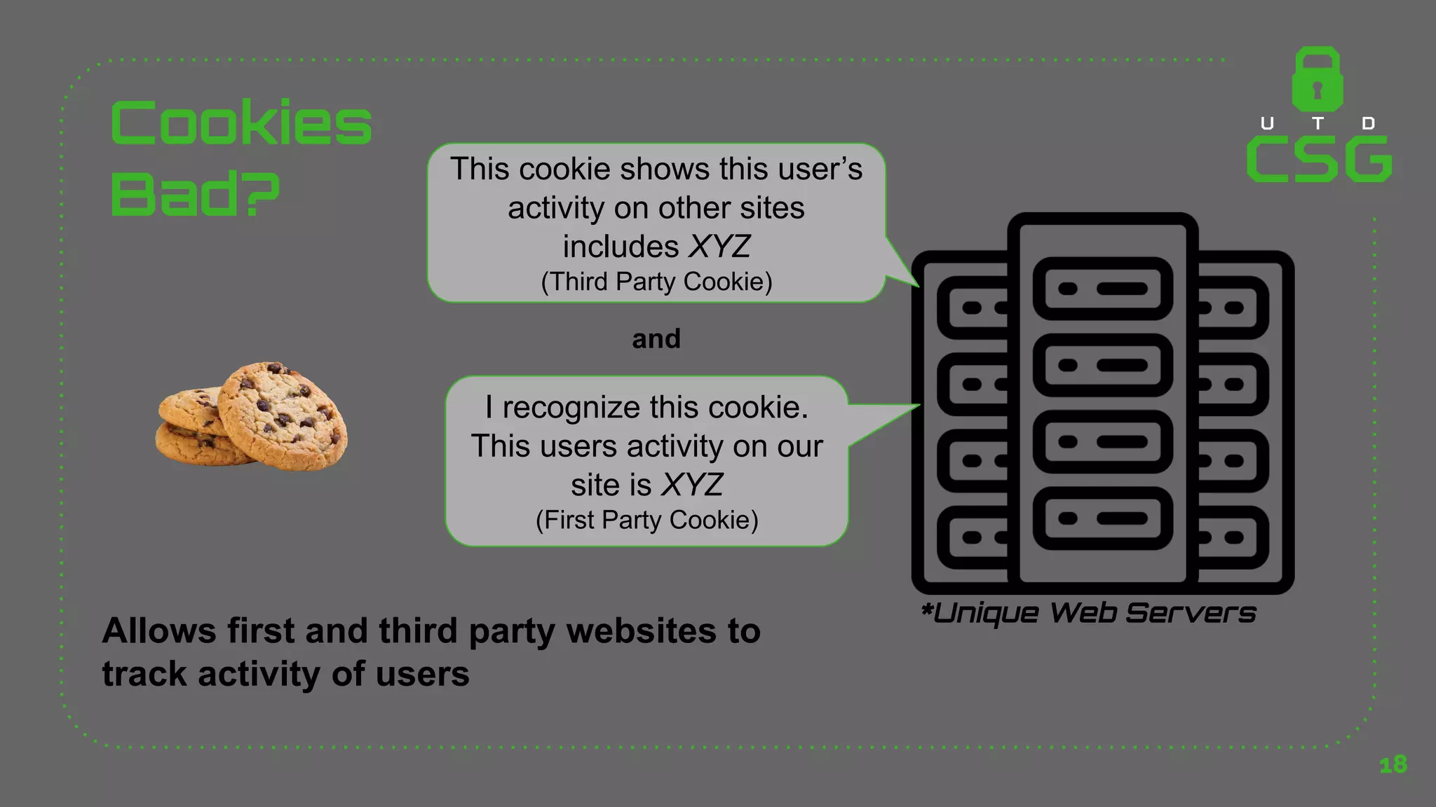 Cookies
Bad?
18
*Unique Web Servers
This cookie shows this user’s
activity on other sites
includes XYZ
(Third Party Cookie)
and
I recognize this cookie.
This users activity on our
site is XYZ
(First Party Cookie)
Allows first and third party websites to
track activity of users
 
