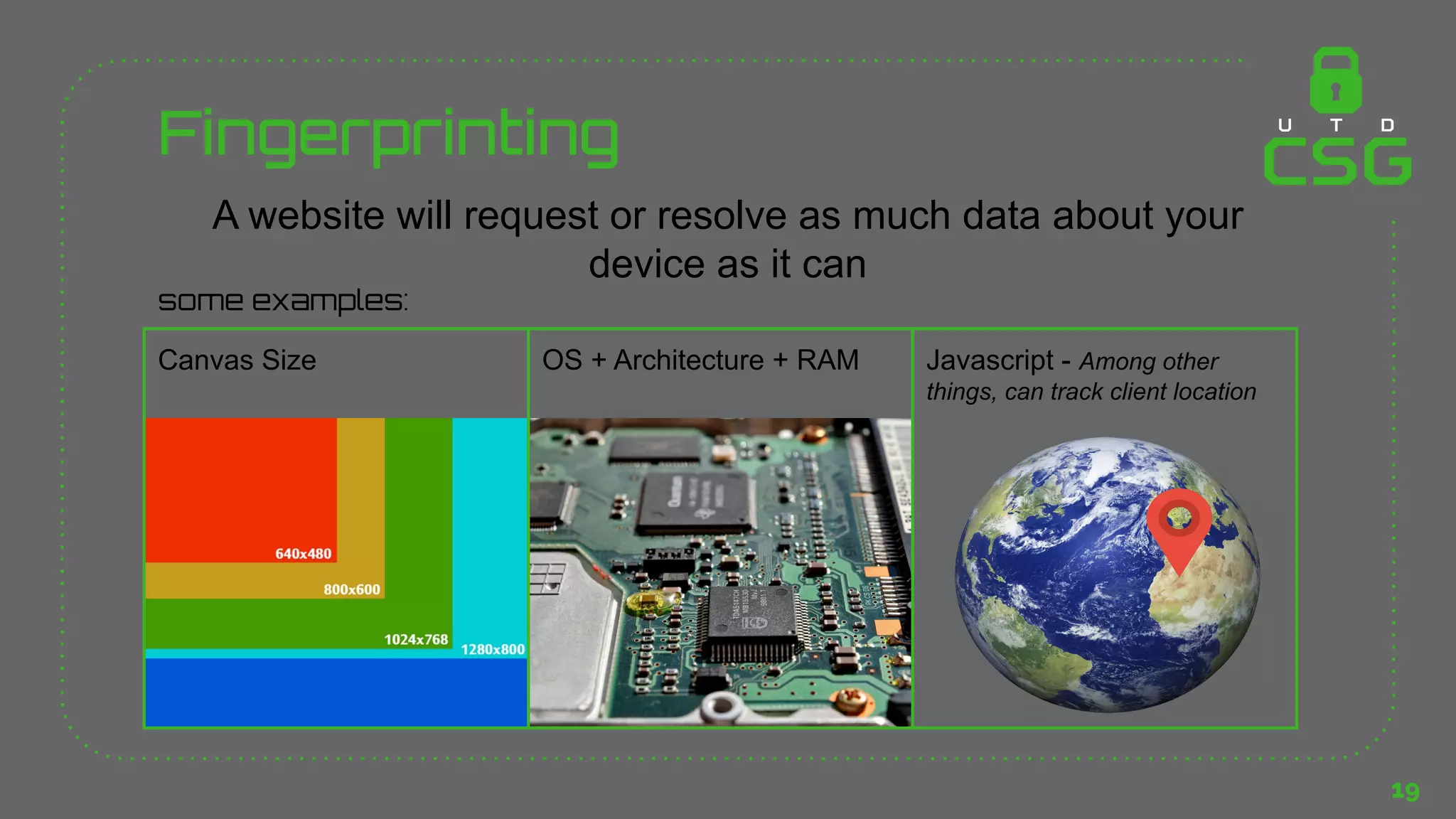 Fingerprinting
19
A website will request or resolve as much data about your
device as it can
Canvas Size OS + Architecture + RAM Javascript - Among other
things, can track client location
some examples:
 