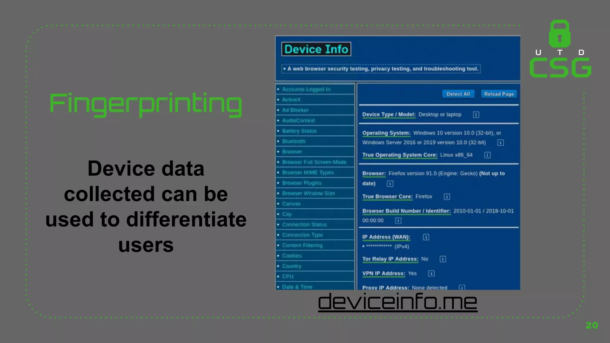 Fingerprinting
20
Device data
collected can be
used to differentiate
users
deviceinfo.me
 