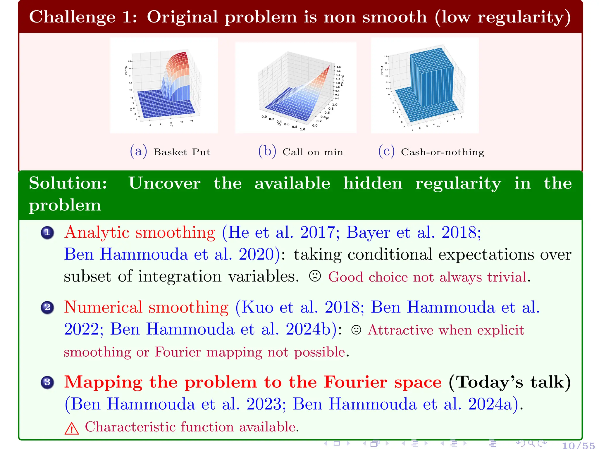 Challenge 1: Original problem is non smooth (low regularity)
x1
4
2
0
2
4
x
2
4
2
0
2
4
P(x
1
,
x
2
)
0.0
0.2
0.4
0.6
0.8
(a) Basket Put
x1
0.0
0.2
0.4
0.6
0.8
1.0
x
2
0.0
0.2
0.4
0.6
0.8
1.0
P
(
x
1
,
x
2
)
0.0
0.2
0.4
0.6
0.8
1.0
1.2
1.4
1.6
(b) Call on min
x1
0
1
2
3
4
5
6
7
x
2
0
1
2
3
4
5
6
7
P(x
1
,
x
2
)
0.0
0.2
0.4
0.6
0.8
1.0
(c) Cash-or-nothing
Solution: Uncover the available hidden regularity in the
problem
1 Analytic smoothing (He et al. 2017; Bayer et al. 2018;
Ben Hammouda et al. 2020): taking conditional expectations over
subset of integration variables. / Good choice not always trivial.
2 Numerical smoothing (Kuo et al. 2018; Ben Hammouda et al.
2022; Ben Hammouda et al. 2024b): / Attractive when explicit
smoothing or Fourier mapping not possible.
3 Mapping the problem to the Fourier space (Today’s talk)
(Ben Hammouda et al. 2023; Ben Hammouda et al. 2024a).
" Characteristic function available.
 