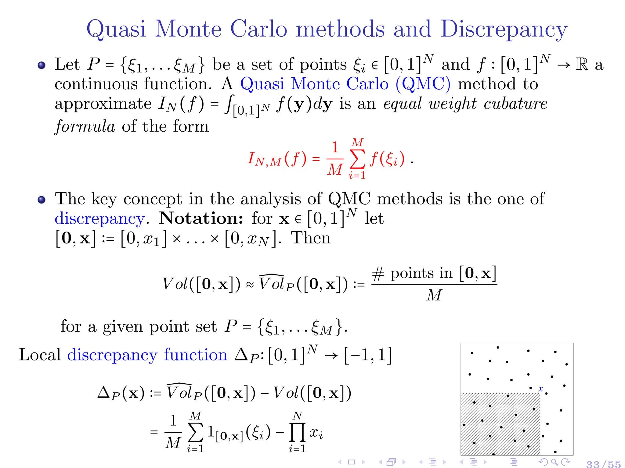 Quasi Monte Carlo methods and Discrepancy
Let P = {ξ1,...ξM } be a set of points ξi ∈ [0,1]N
and f ∶ [0,1]N
→ R a
continuous function. A Quasi Monte Carlo (QMC) method to
approximate IN (f) = ∫[0,1]N f(y)dy is an equal weight cubature
formula of the form
IN,M (f) =
1
M
M
∑
i=1
f(ξi) .
The key concept in the analysis of QMC methods is the one of
discrepancy. Notation: for x ∈ [0,1]N
let
[0,x] ∶= [0,x1] × ... × [0,xN ]. Then
V ol([0,x]) ≈ ̂
V olP ([0,x]) ∶=
# points in [0,x]
M
for a given point set P = {ξ1,...ξM }.
Local discrepancy function ∆P ∶[0,1]N
→ [−1,1]
∆P (x) ∶= ̂
V olP ([0,x]) − V ol([0,x])
=
1
M
M
∑
i=1
1[0,x](ξi) −
N
∏
i=1
xi
000000000000000
000000000000000
000000000000000
000000000000000
000000000000000
000000000000000
000000000000000
000000000000000
000000000000000
000000000000000
000000000000000
111111111111111
111111111111111
111111111111111
111111111111111
111111111111111
111111111111111
111111111111111
111111111111111
111111111111111
111111111111111
111111111111111
x
33/55
 