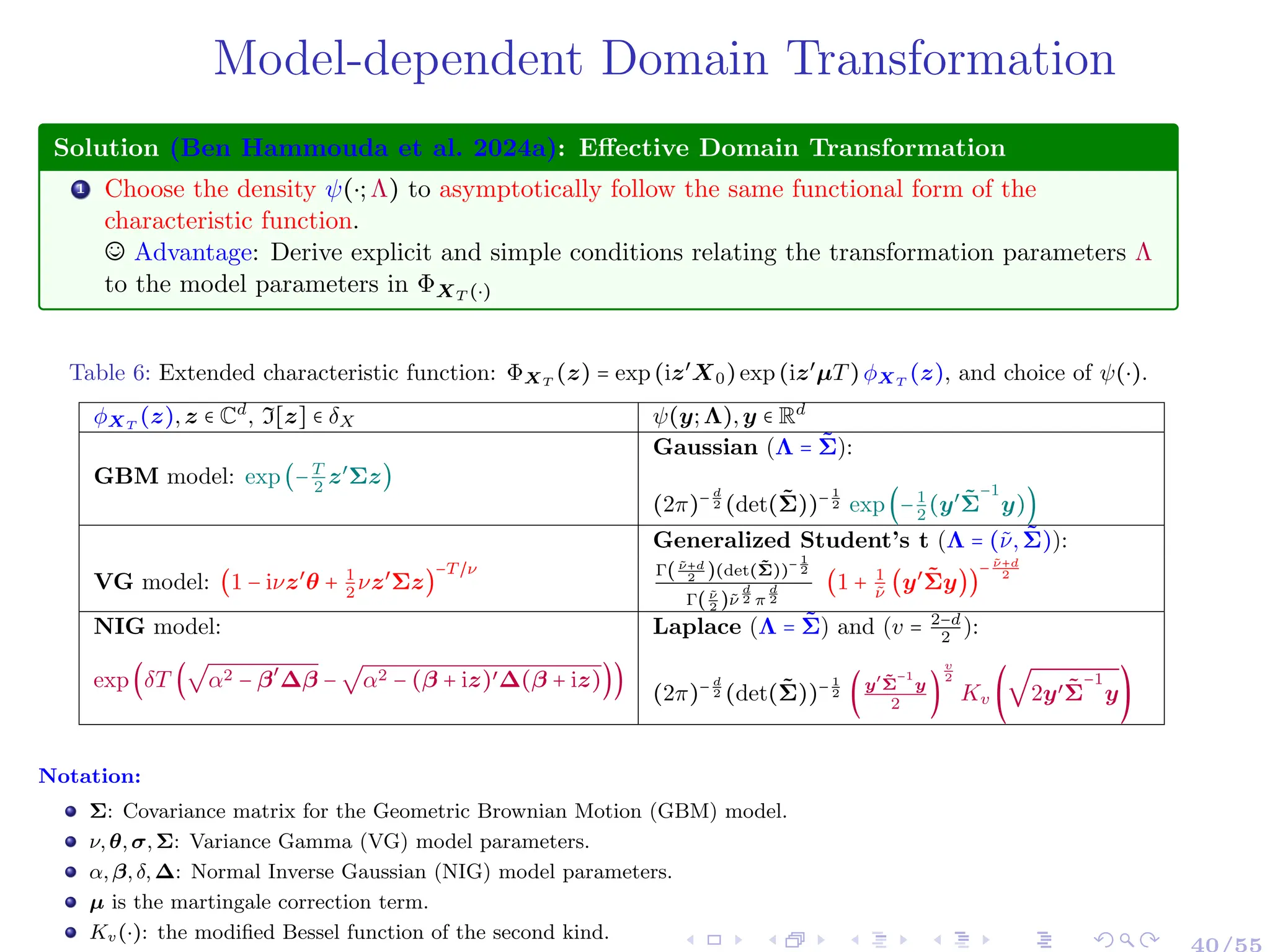 Model-dependent Domain Transformation
Solution (Ben Hammouda et al. 2024a): Effective Domain Transformation
1 Choose the density ψ(⋅;Λ) to asymptotically follow the same functional form of the
characteristic function.
© Advantage: Derive explicit and simple conditions relating the transformation parameters Λ
to the model parameters in ΦXT (⋅)
Table 6: Extended characteristic function: ΦXT
(z) = exp(iz′
X0)exp(iz′
µT)ϕXT
(z), and choice of ψ(⋅).
ϕXT
(z),z ∈ Cd
, I[z] ∈ δX ψ(y;Λ),y ∈ Rd
Gaussian (Λ = Σ̃):
GBM model: exp(−T
2
z′
Σz)
(2π)− d
2 (det(Σ̃))− 1
2 exp(−1
2
(y′
Σ̃
−1
y))
Generalized Student’s t (Λ = (ν̃,Σ̃)):
VG model: (1 − iνz′
θ + 1
2
νz′
Σz)
−T /ν Γ( ν̃+d
2
)(det(Σ̃))− 1
2
Γ( ν̃
2
)ν̃
d
2 π
d
2
(1 + 1
ν̃
(y′
Σ̃y))
− ν̃+d
2
NIG model: Laplace (Λ = Σ̃) and (v = 2−d
2
):
exp(δT (
√
α2 − β′
∆β −
√
α2 − (β + iz)′∆(β + iz)))
(2π)− d
2 (det(Σ̃))− 1
2 (y′
Σ̃
−1
y
2
)
v
2
Kv (
√
2y′Σ̃
−1
y)
Notation:
Σ: Covariance matrix for the Geometric Brownian Motion (GBM) model.
ν, θ, σ, Σ: Variance Gamma (VG) model parameters.
α, β, δ, ∆: Normal Inverse Gaussian (NIG) model parameters.
µ is the martingale correction term.
Kv(⋅): the modified Bessel function of the second kind.
40/55
 