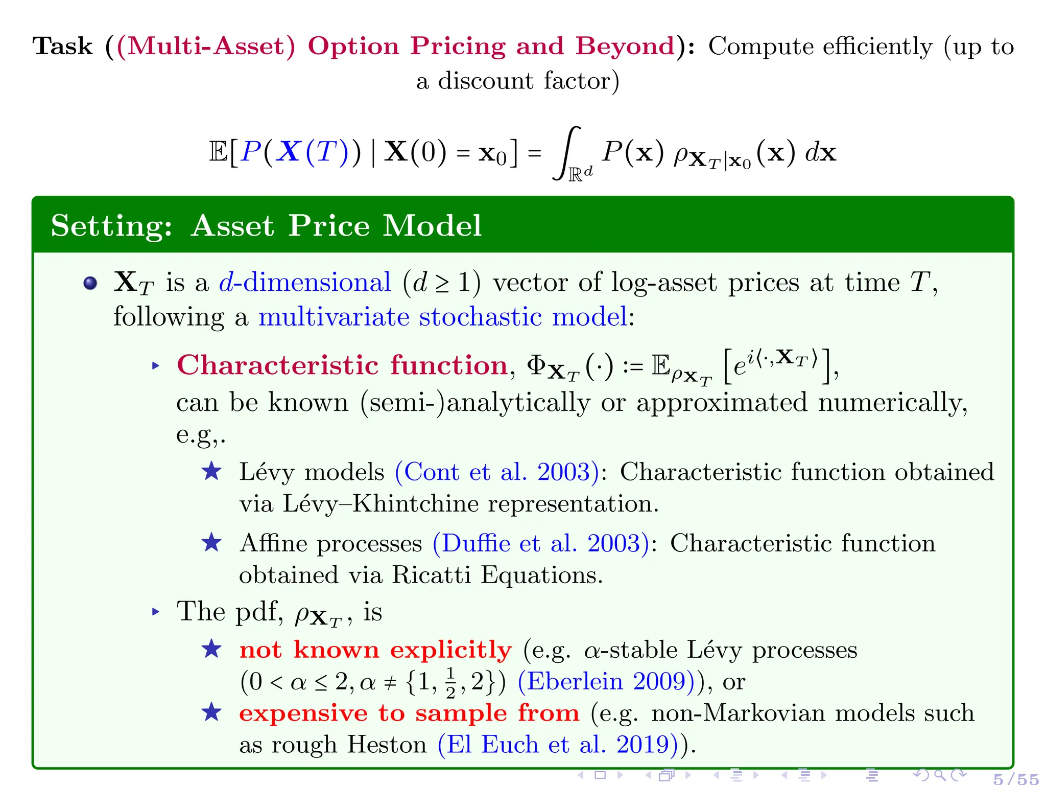 Task ((Multi-Asset) Option Pricing and Beyond): Compute efficiently (up to
a discount factor)
E[P(X(T)) ∣ X(0) = x0] = ∫
Rd
P(x) ρXT ∣x0
(x) dx
Setting: Asset Price Model
XT is a d-dimensional (d ≥ 1) vector of log-asset prices at time T,
following a multivariate stochastic model:
▸ Characteristic function, ΦXT
(⋅) ∶= EρXT
[ei⟨⋅,XT ⟩
],
can be known (semi-)analytically or approximated numerically,
e.g,.
☀ Lévy models (Cont et al. 2003): Characteristic function obtained
via Lévy–Khintchine representation.
☀ Affine processes (Duffie et al. 2003): Characteristic function
obtained via Ricatti Equations.
▸ The pdf, ρXT
, is
☀ not known explicitly (e.g. α-stable Lévy processes
(0 < α ≤ 2, α ≠ {1, 1
2
, 2}) (Eberlein 2009)), or
☀ expensive to sample from (e.g. non-Markovian models such
as rough Heston (El Euch et al. 2019)).
5/55
 